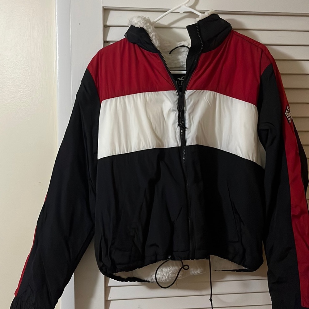 Black, white, and red Hollister jacket. Size large